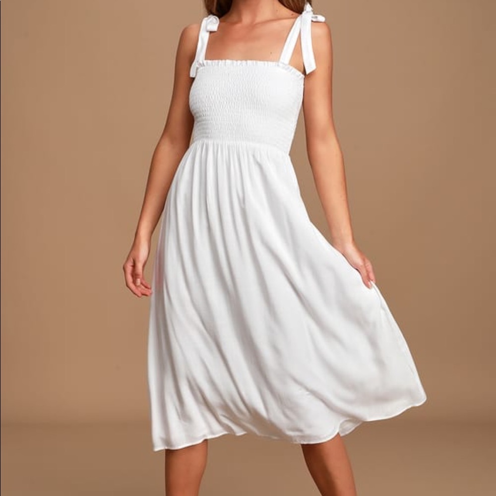 White smocked Tie strap Midi Dress
